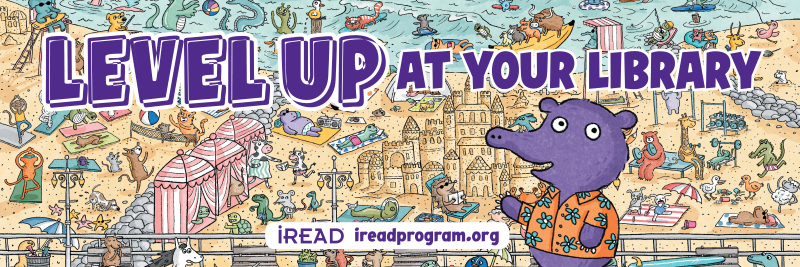 A rectangular image with a busy scene of animals playing on a beach with sandcastles, sunbathers, surfers, and more. Purple block text: "Level up At Your Library: iREAD | ireadprogram.org" A nonspecific purple fuzzy mascot wearing an orange shirt with blue flowers gestures toward the text with one clawed paw.